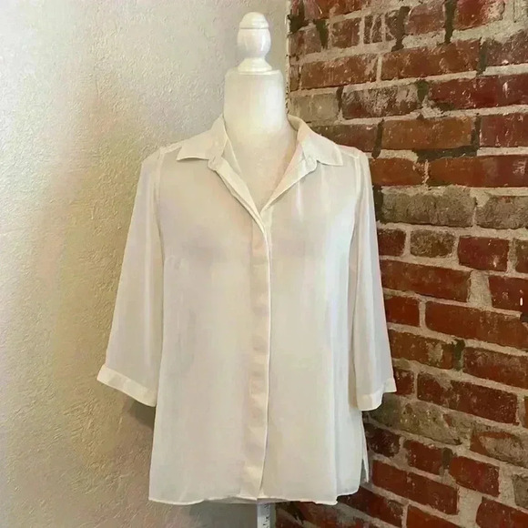 Simply Vera Wang Chiffon Sheer Button Down Blouse Lace Ivory Small - Picture 2 of 7